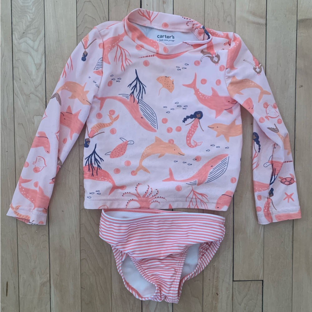 2 Swimsuits w/ rash guards.  Mermaids and Lemons.  Cat & Jack and Carters. 2T.